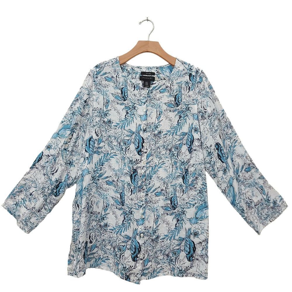 Tahari Womens 1X White Blue Floral Linen Blouse Roll Tab Sleeve Button Up Top